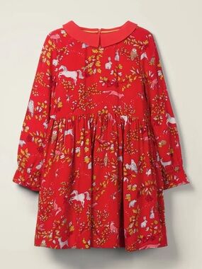 Mini Boden Woodland Printed Peter Pan Collar Dress Forest Creatures Unicorn